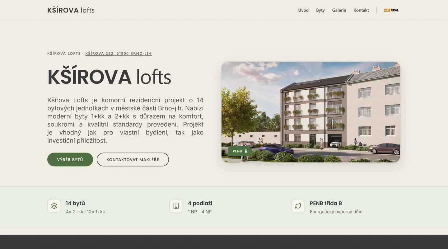 Website preview of Kšírova lofts